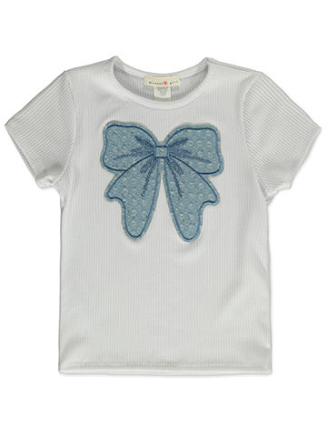 Glitter Girl Girls' Ribbed White Short Sleeve Top with Blue Bow Appliqué - CookiesKids.com