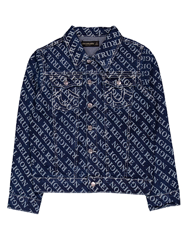 True Religion Boys' Button Front Denim Jacket with All-Over Logo Print - CookiesKids.com