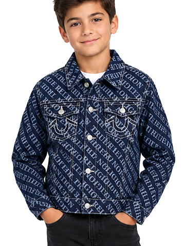 True Religion Boys' Button Front Denim Jacket with All-Over Logo Print - CookiesKids.com