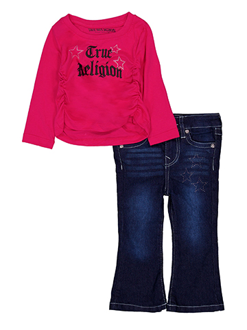 True Religion Baby Girls' Long Sleeve Ruched Logo Top and Rhinestone Flare Jeans Set - CookiesKids.com