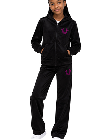 True Religion Girls' 2-Piece Velour Full-Zip Hoodie & Sweatpants Rhinestone Horseshoe Logo Set - CookiesKids.com