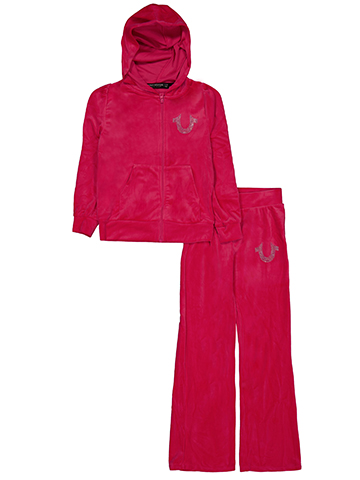 True Religion Girls' 2-Piece Rhinestone Logo Full-Zip Velour Hoodie and Sweatpants Set - CookiesKids.com