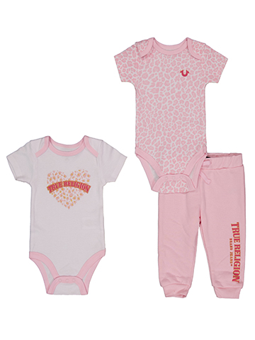 True Religion Baby Girls' Three-Piece Short Sleeve Leopard Print Bodysuits and Jogger Set - CookiesKids.com