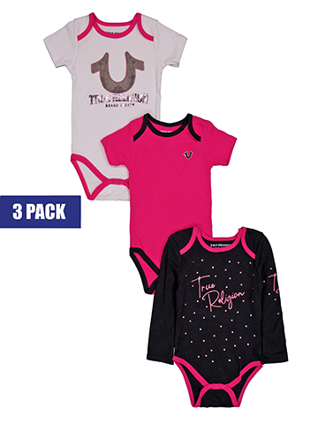 True Religion Baby Girls' 3-Pack Mixed Sleeve Foil Logo Print Bodysuits Set - CookiesKids.com
