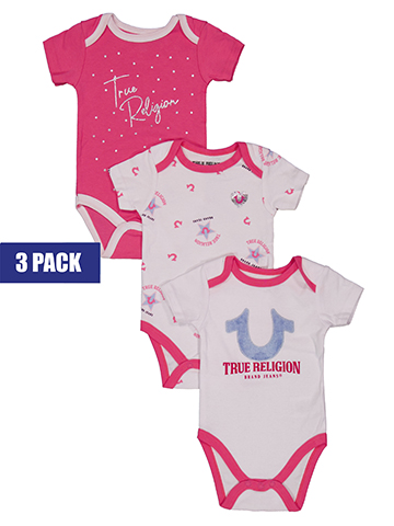 True Religion Baby Girls' 3-Pack Short Sleeve Foil Logo Bodysuits Set - CookiesKids.com