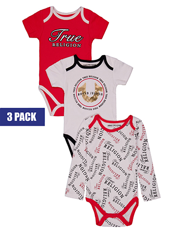 True Religion Baby Boys' 3-Pack Mixed Sleeve Foil Logo Bodysuits Set - CookiesKids.com
