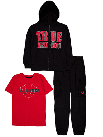 True Religion Boys' Three-Piece Full-Zip Hoodie, Tee, and Cargo Joggers Set - CookiesKids.com