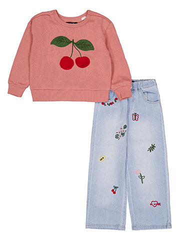 Joe's Jeans Girls' 2-Piece Embroidered Cherry Sweatshirt and Wide-Leg Jeans Set - CookiesKids.com