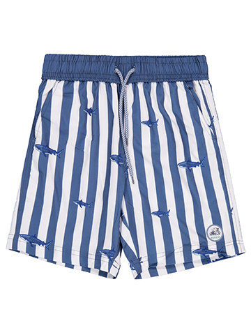 Deep Blue Boys' Striped Swim Shorts with Shark Print - CookiesKids.com