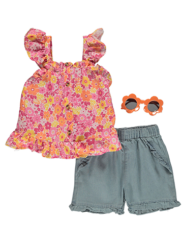 Real Love Girls' 3-Piece Chambray Shorts Sunglasses Set Outfit - CookiesKids.com