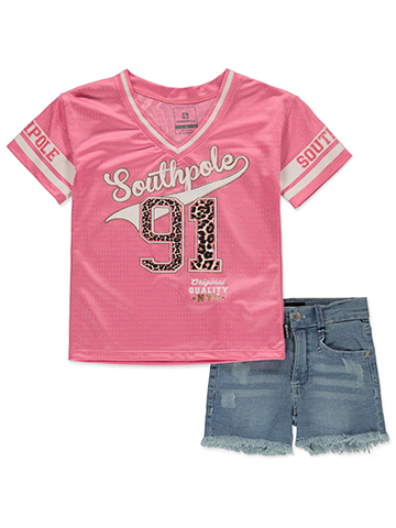 Southpole Girls' 2-Piece Football Jersey Denim Shorts Set Outfit - CookiesKids.com
