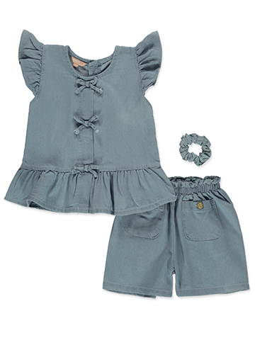 Pink Butterfly Girls' 3-Piece Chambray Shorts Set Outfit - CookiesKids.com