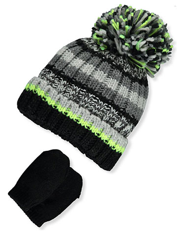 Astor Accessories Baby Boys’ Heather Stripe Pom Pom Beanie & Mitts Set - CookiesKids.com