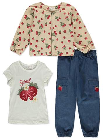 Nanette Girls' 3-Piece Cherry Chambray Pants Set Outfit - CookiesKids.com