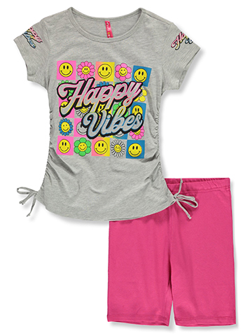 Cute 4 U Girls' 2-Piece Happy Vibes Bike Shorts Set Outfit - CookiesKids.com
