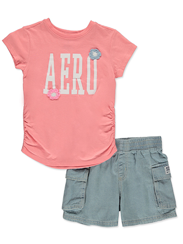 Aeropostale Girls' 2-Piece Denim Shorts Set Outfit - CookiesKids.com
