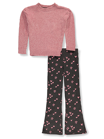 Pink Velvet Girls' 2-Piece Hearts Flared Leggings Sweater Set Outfit - CookiesKids.com