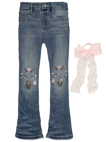 Squeeze Girls' Embroidered Fox Flare Jeans Set with Bow Hair Tie - CookiesKids.com