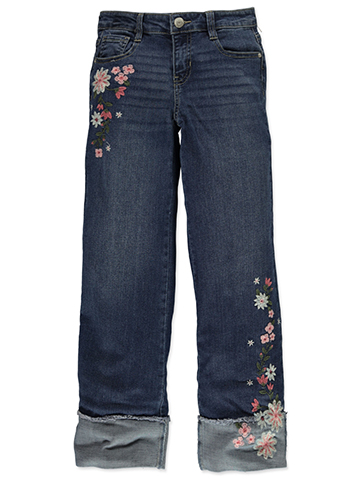 Blue Spice Girls' Embroidered Floral Wide-Leg Jeans with Cuffed Hem - CookiesKids.com