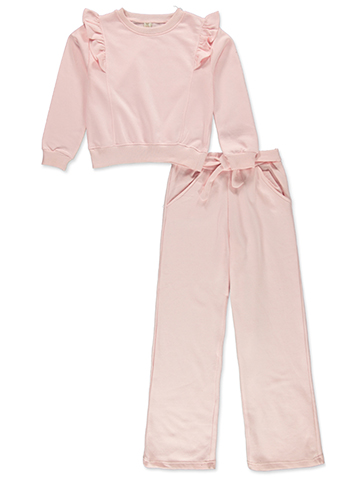 Sweet Butterfly Girls' 2-Puece Ruffled Trim Fleece Sweatshirt and Wide-Leg Pants Set - CookiesKids.com