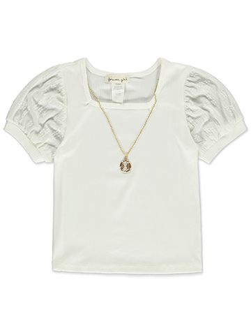 Forever Girl Girls' Ribbed Puff Sleeve Top with Necklace - CookiesKids.com