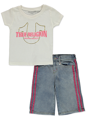 True Religion Girls' 2-Piece Taped Denim Bermuda Shorts Set Outfit - CookiesKids.com