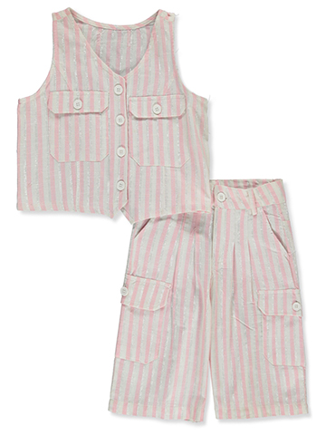 Chillipop Girls' 2-Piece Striped Faux Linen Shorts Set Outfit - CookiesKids.com